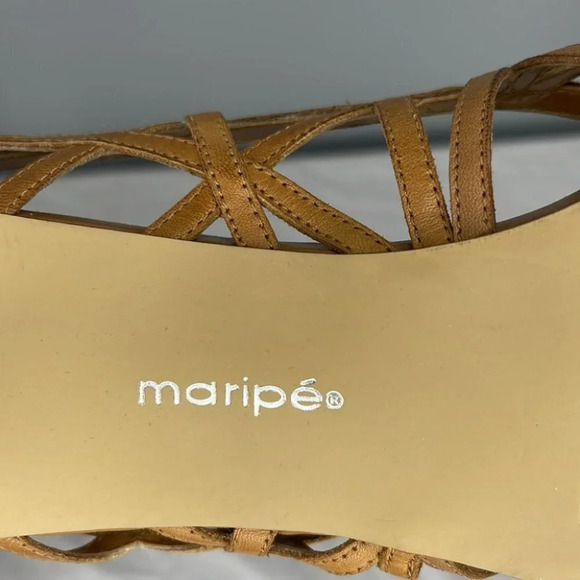 Maripe Rio Peep Toe Leather Shoes Tan Cutout Crossover Heels Retro Summer 11 - Picture 11 of 13